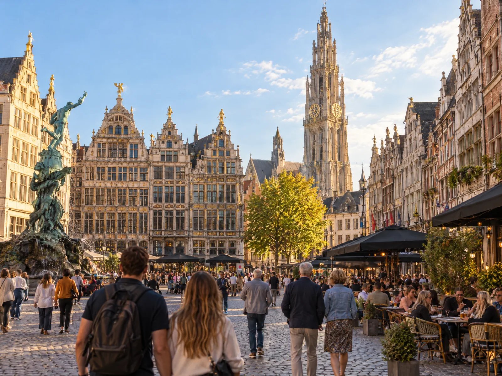 Antwerp's Grand Place with Renaissance guild houses, cathedral, and crowded plaza on sunny day