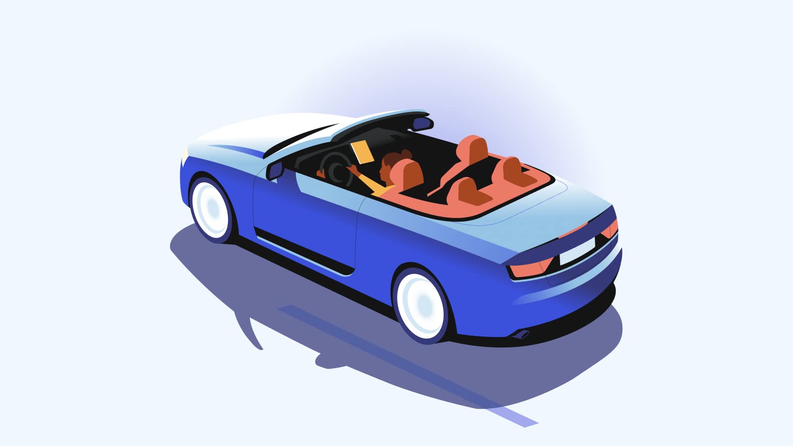 Voiture décapotable bleue avec passagers assis à l'intérieur