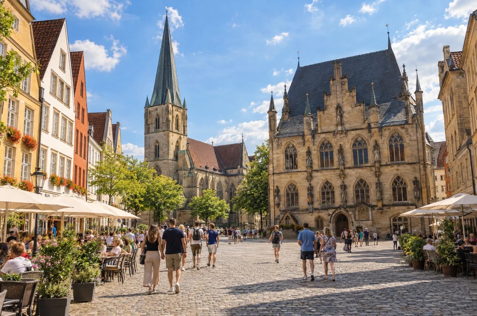 Münster's historic town square with Gothic churches and colorful buildings