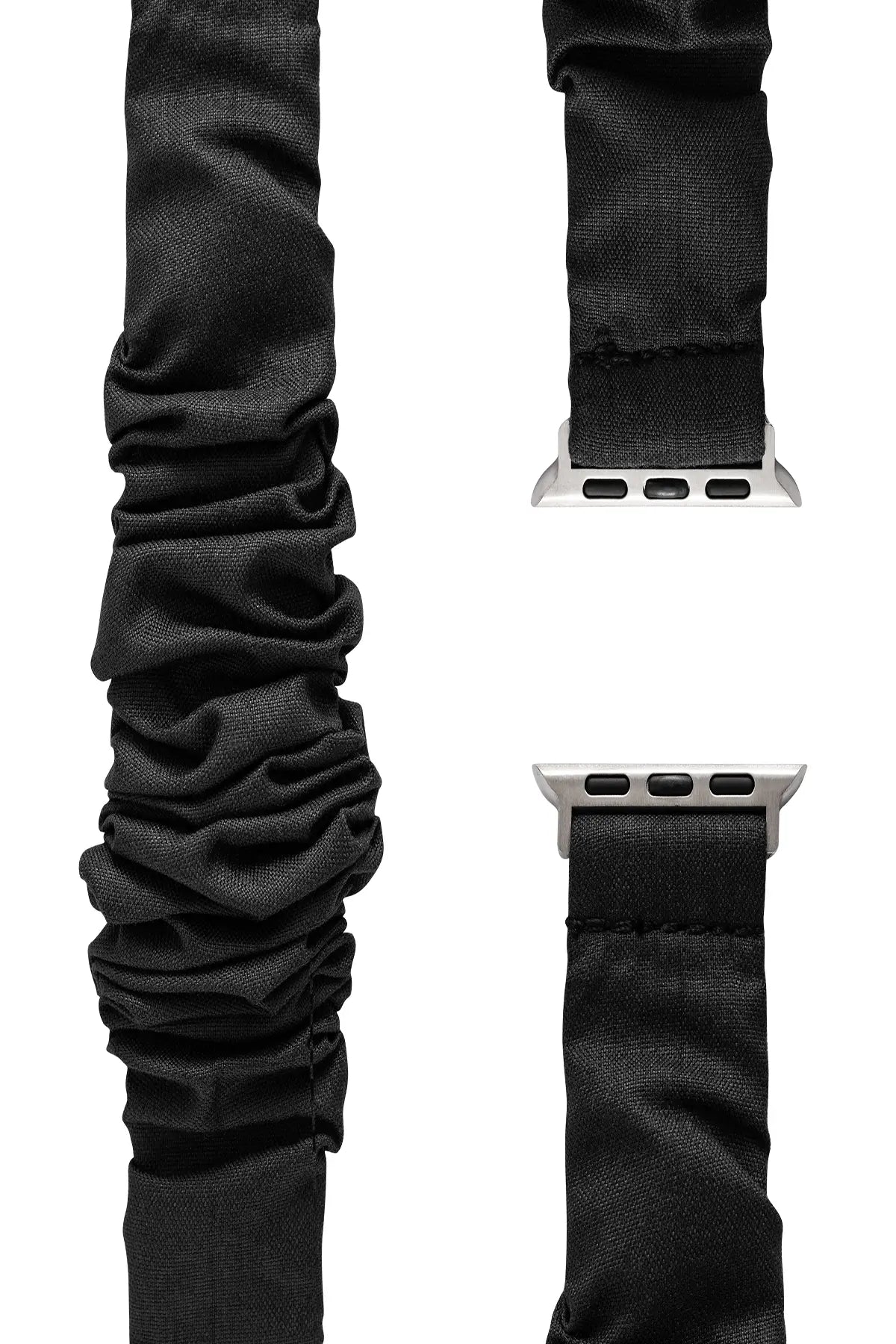 Black fabric smartwatch bands with ruched texture and silver metal connectors
