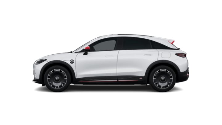 White compact electric SUV with red accents shown in profile view