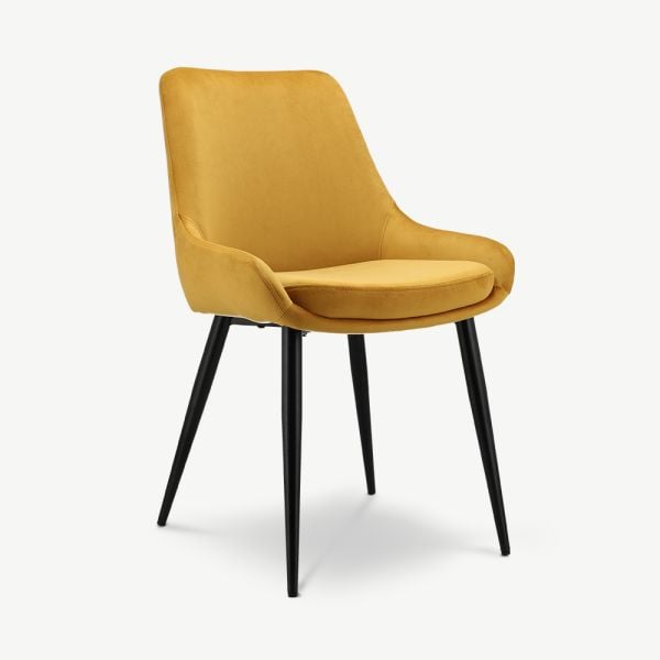 Mustard yellow contemporary chair with curved backrest and black metal legs