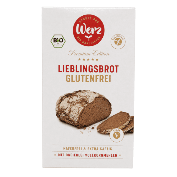 Box of gluten-free favorite bread with sliced loaf showing texture and crumb structure