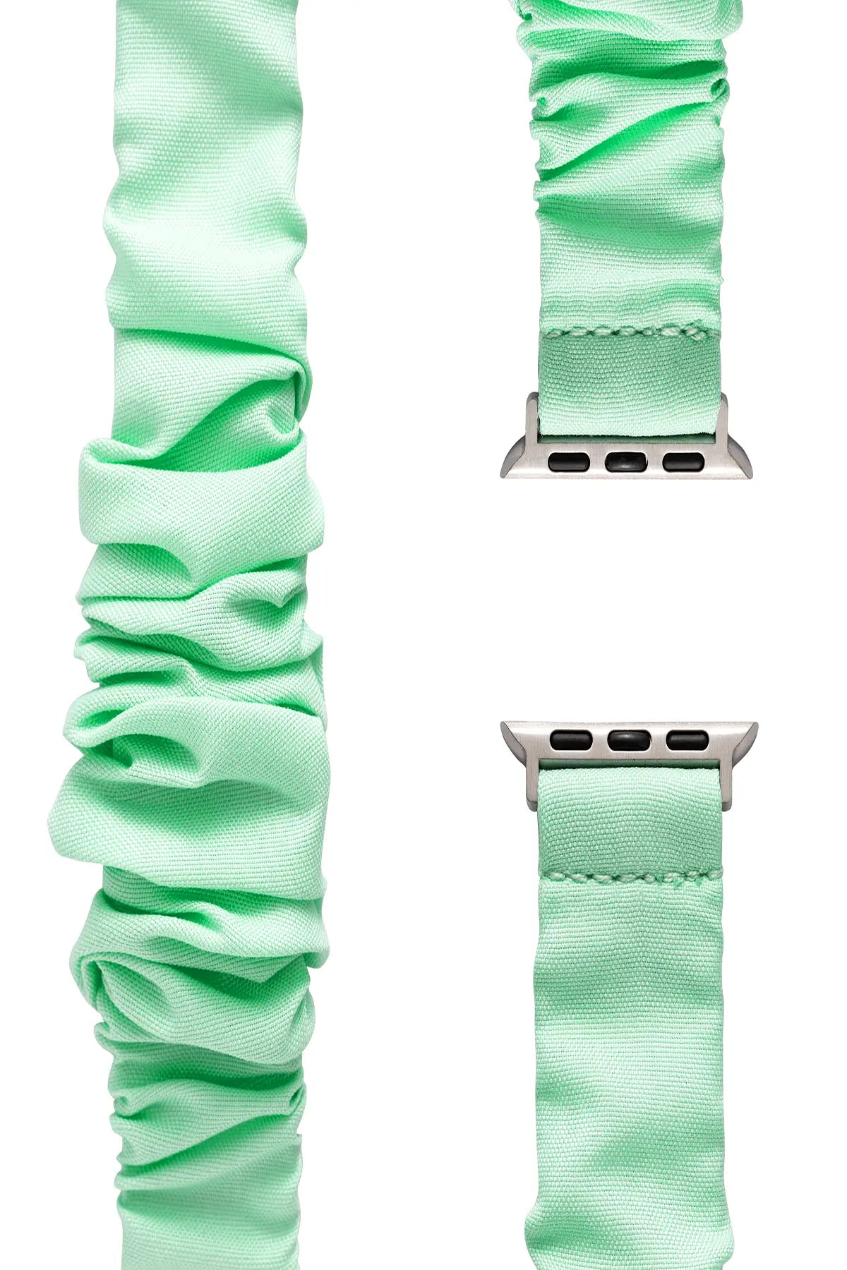 Mint green mesh smartwatch bands with gathered fabric detail and silver metal connectors