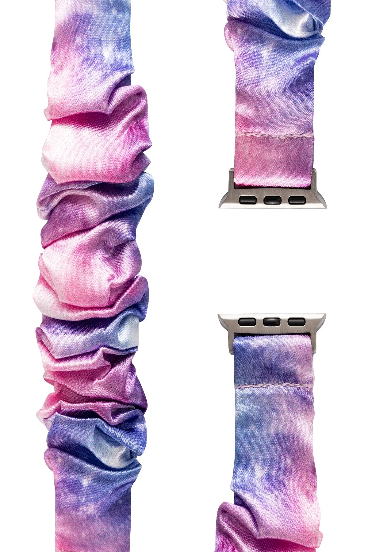 Pastel tie-dye smartwatch bands in pink, purple, and blue with silver metal connectors