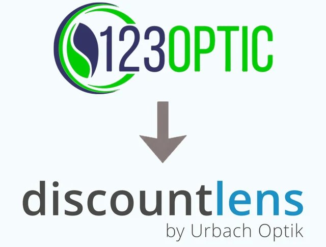 Logo 123OPTIC avec flèche pointant vers logo Discountlens par Urbach Optik