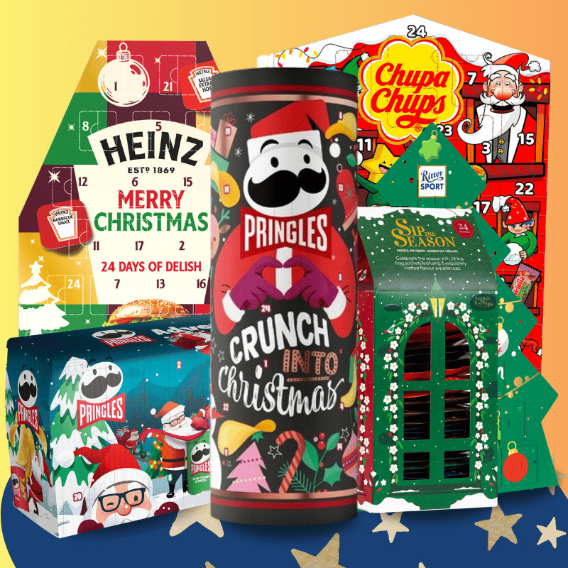 Adventskalender mit Heinz, Chupa Chups, Pringles und Ritter Sport Weihnachtsprodukten