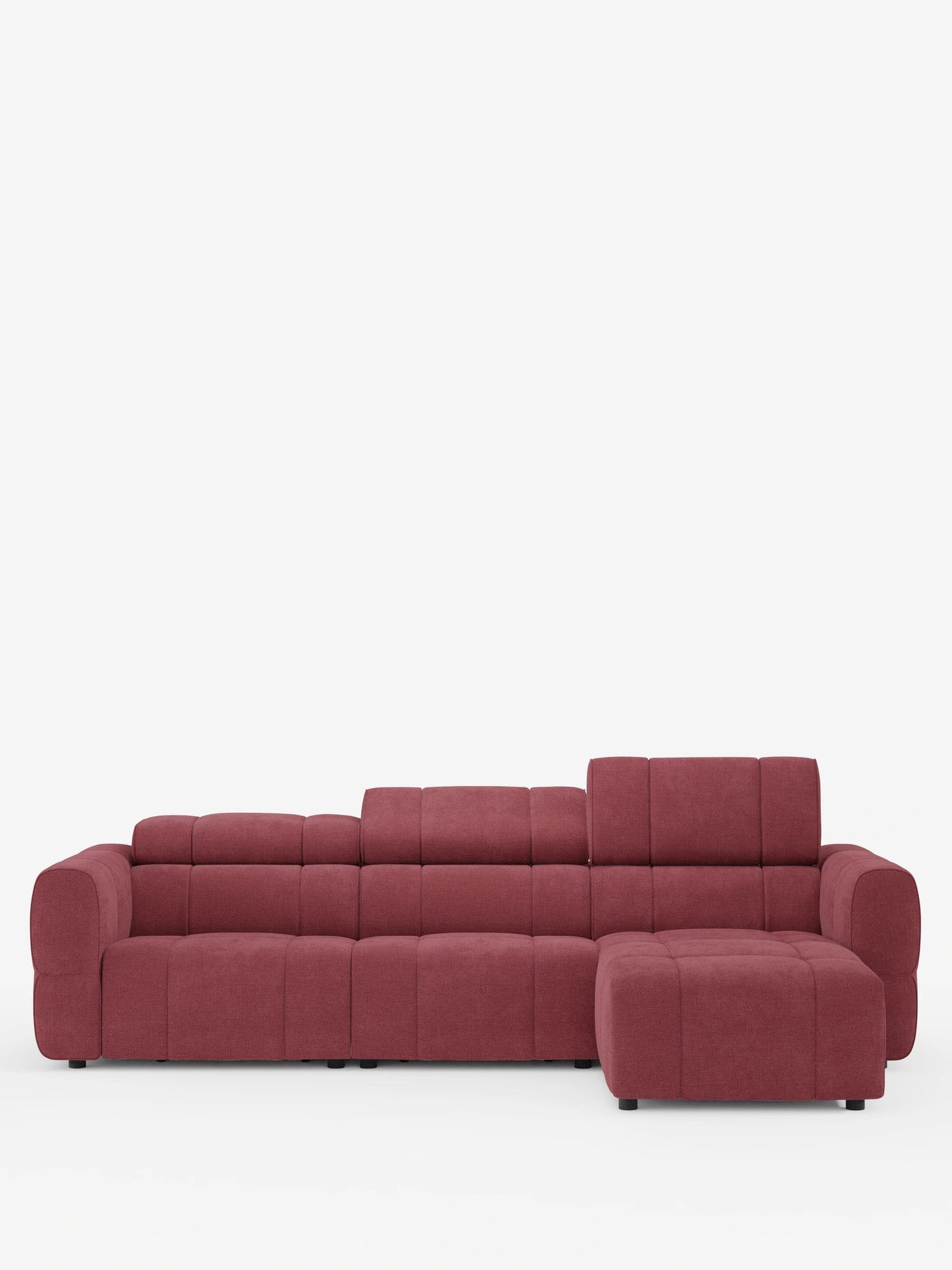 Burgunderrot gefärbtes modulares Sofa mit gerundeten Elementen und ausziehbarem Hocker-Element