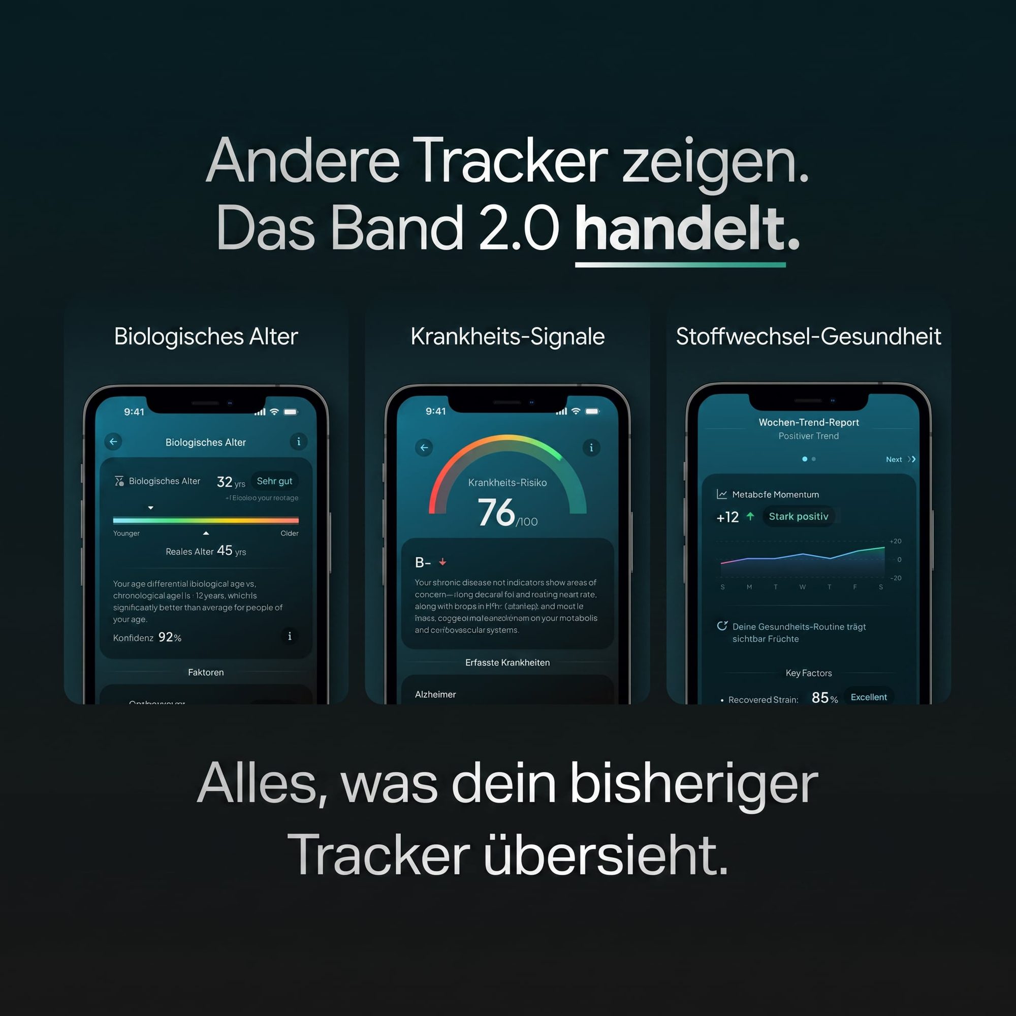 Smartphone-Screens mit App-Interface für biologisches Alter, Krankheitssignale und Stoffwechsel-Gesundheitsmetriken