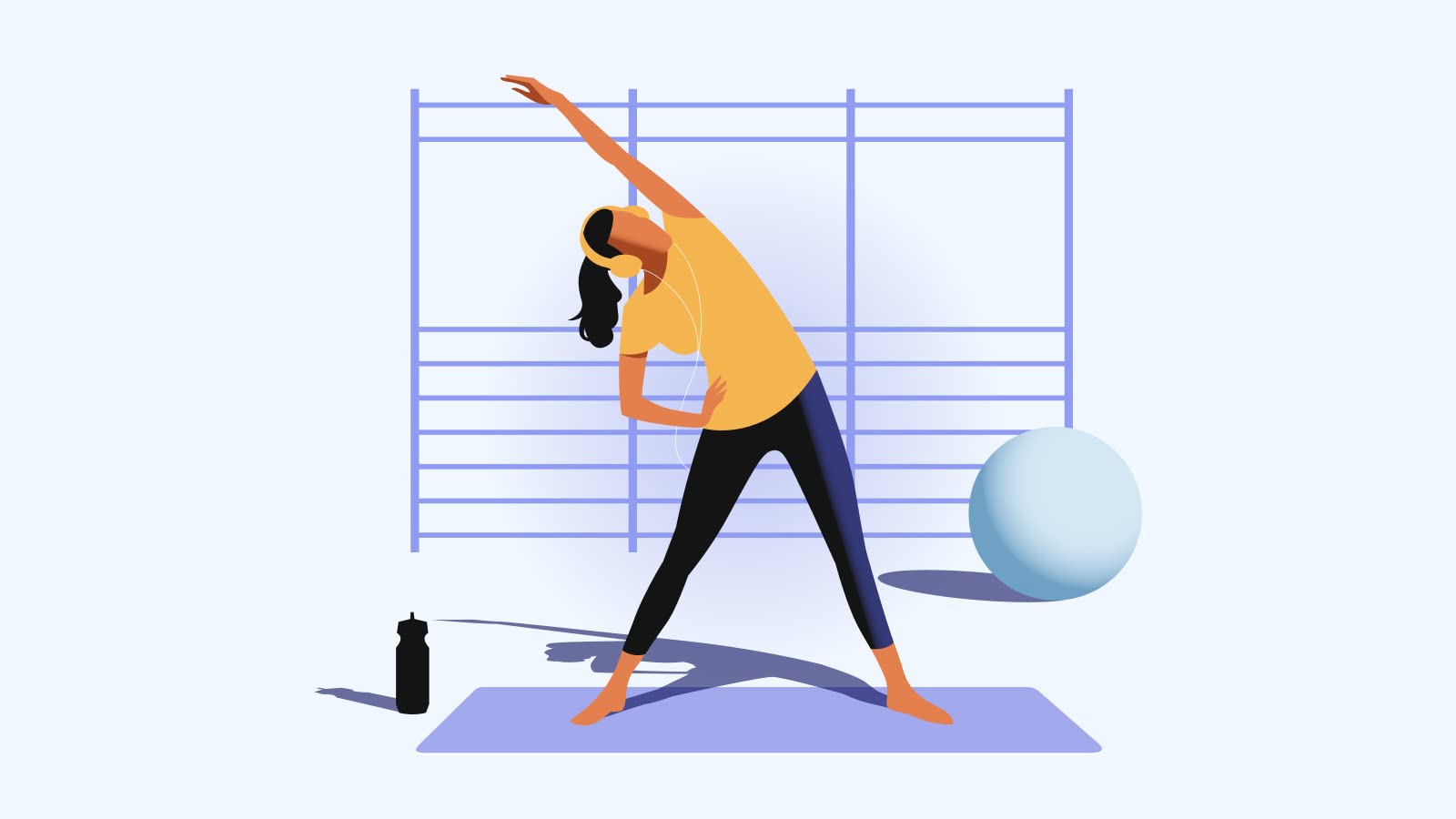 Femme en tenue de sport faisant des étirements avec un ballon de fitness en salle de sport