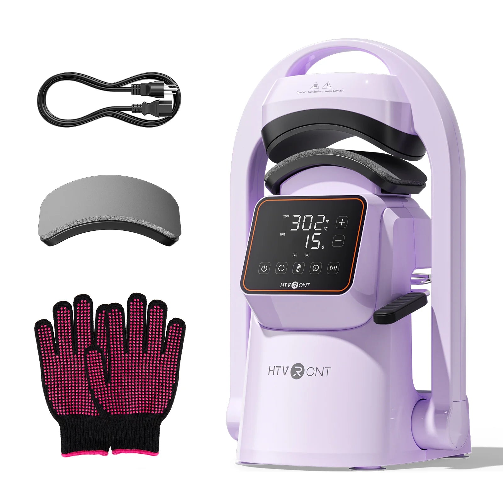 Purple heat press with black control panel showing temperature settings, accompanied by gray pressing pad, power cord, and pink-dotted protective gloves.