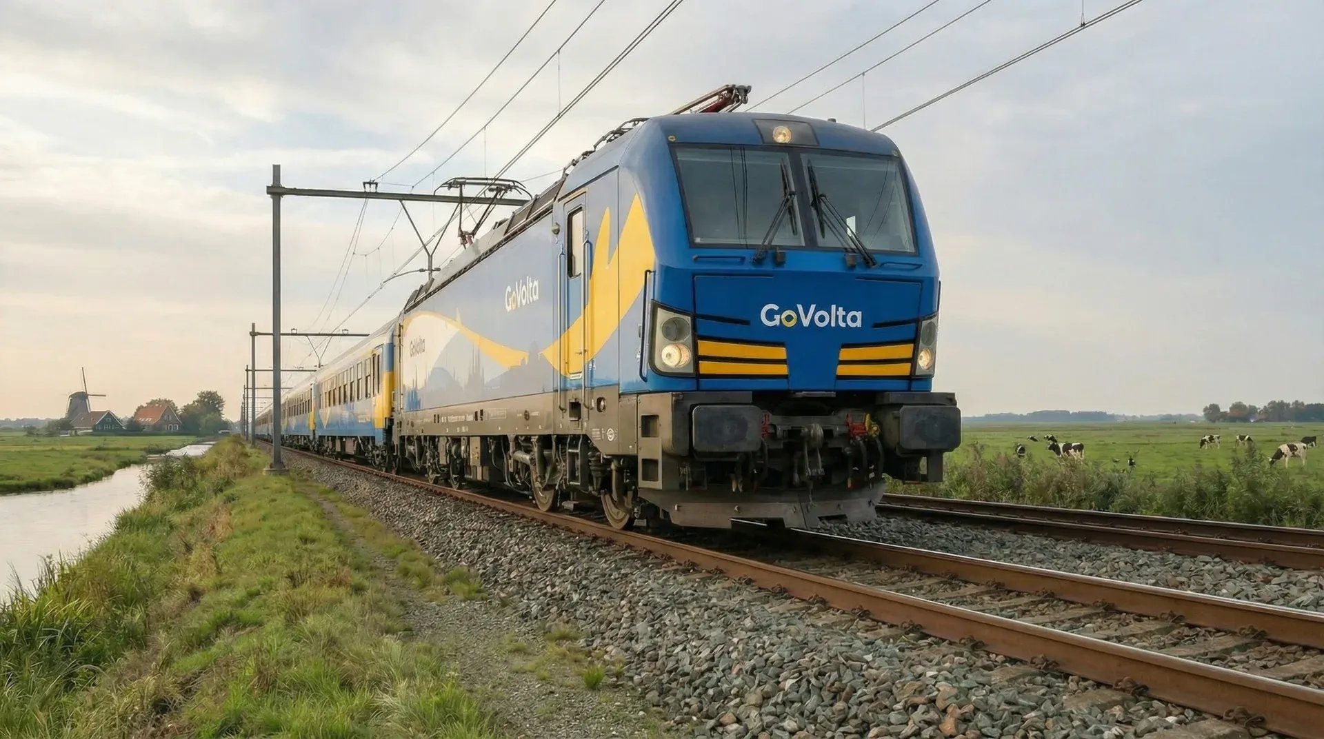 Blue and yellow GoVolta train traveling through flat Dutch countryside with green fields