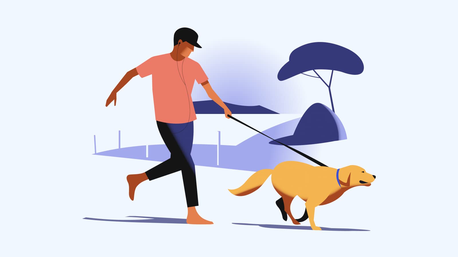 Homme courant avec un chien jaune en laisse dans un parc sous un parapluie
