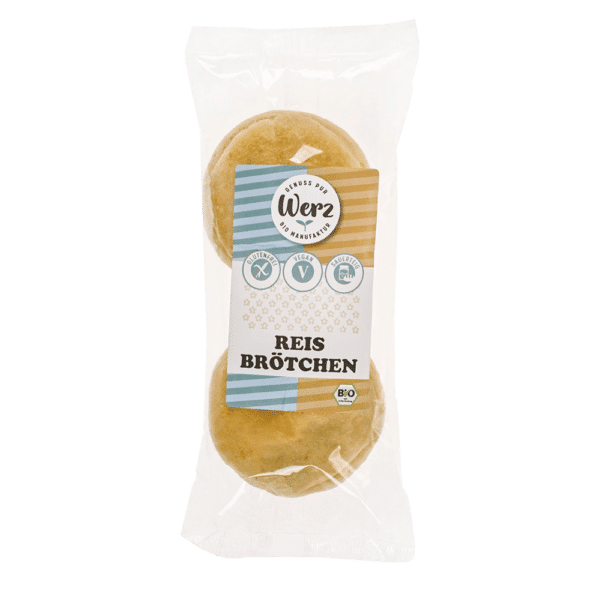 Two golden rice rolls in clear plastic packaging with branded label