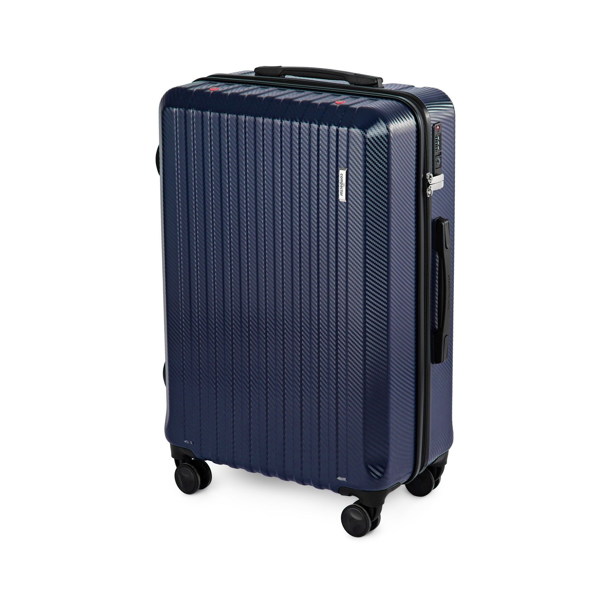 Valise rigide bleu marine avec motif de rainures verticales et roues pivotantes sur fond blanc