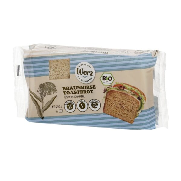 Package of brown millet toast bread with sliced bread and sandwich displayed on striped packaging