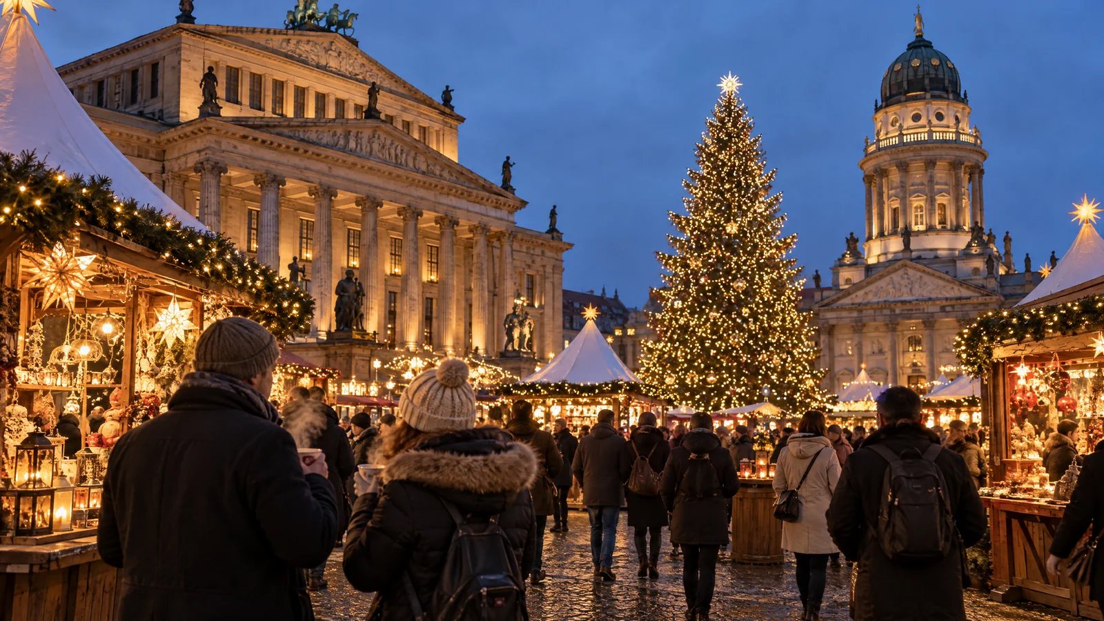 Berlin Christmas market at night with illuminated tree, cathedral, and festive market stalls