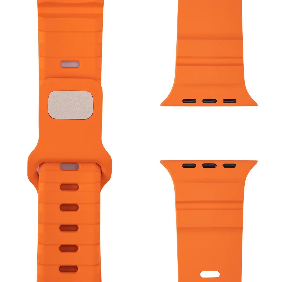 Orange silicone smartwatch bands with varied designs including textured surfaces and metal accents